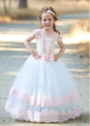 Cap Sleeves Ivory Tulle Peach Lace Vintage Flower Girl Dress